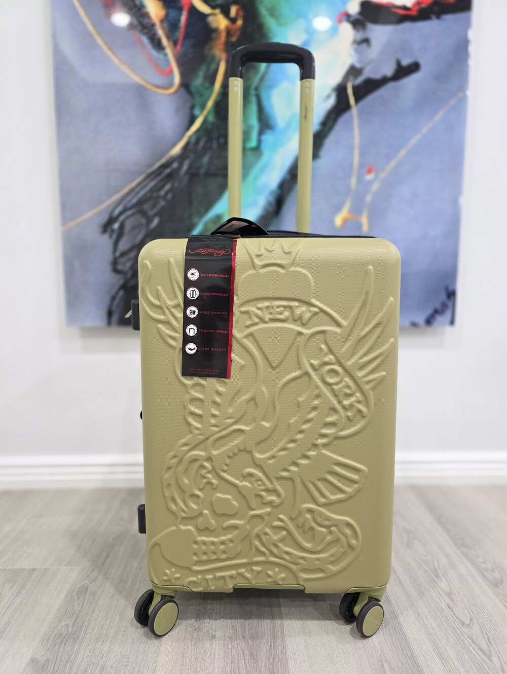 Ed Hardy 24" Suitcase Olive Green 4 Wheels Spinner Luggage New